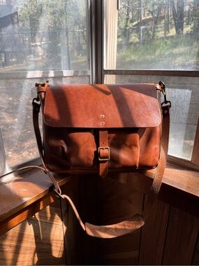 Rust Brown Leather Messenger Bag with Buckle Strap